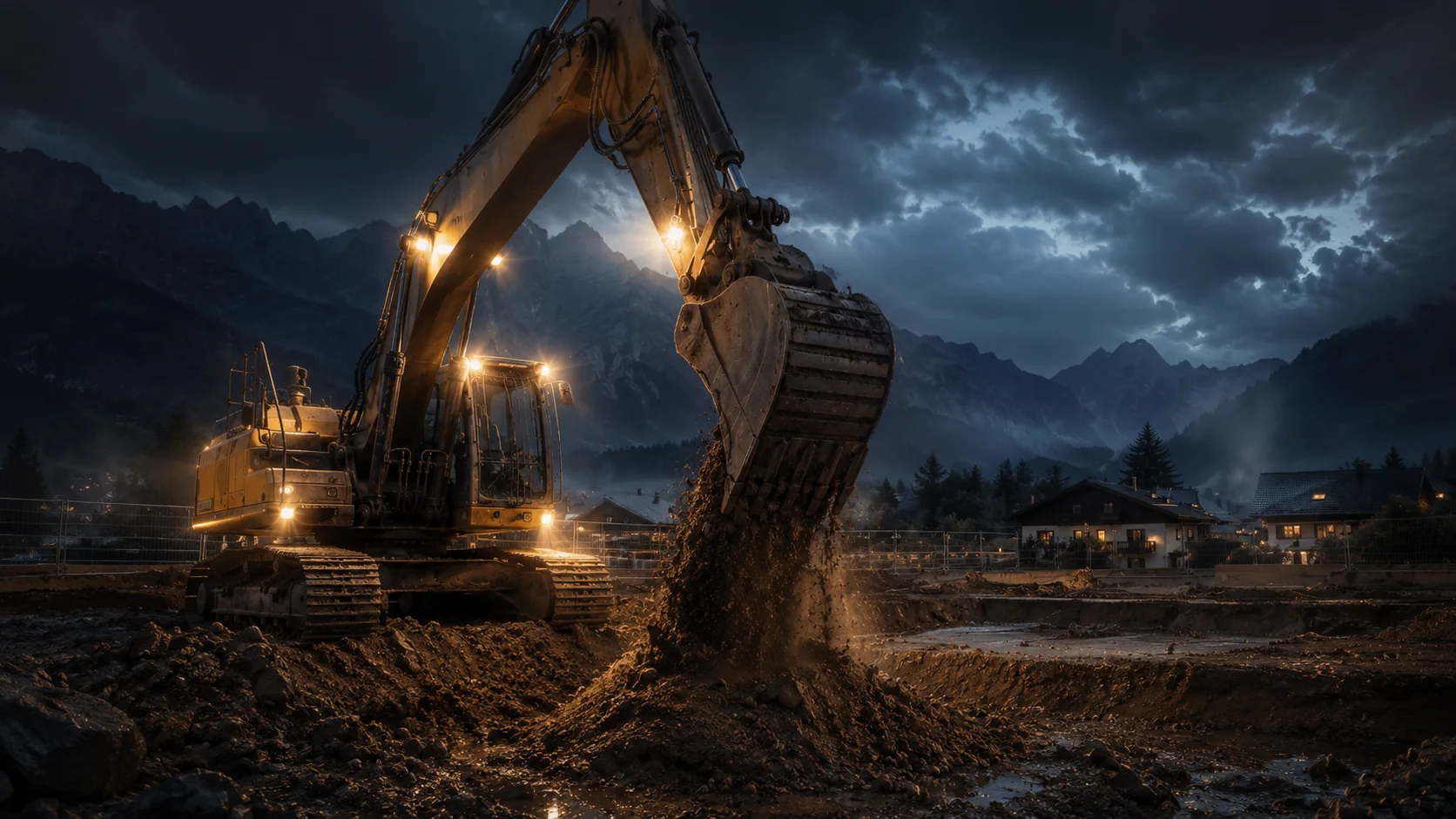 Bagger bei Aushubarbeiten in der Abenddämmerung vor Alpenkulisse