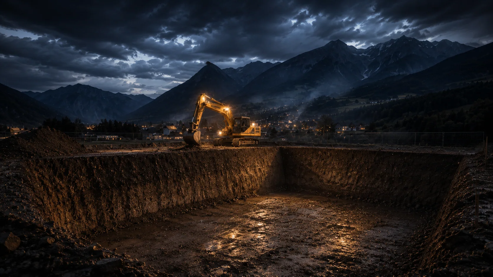 Fertige Baugrube mit Bagger und beleuchteter Dorfkulisse