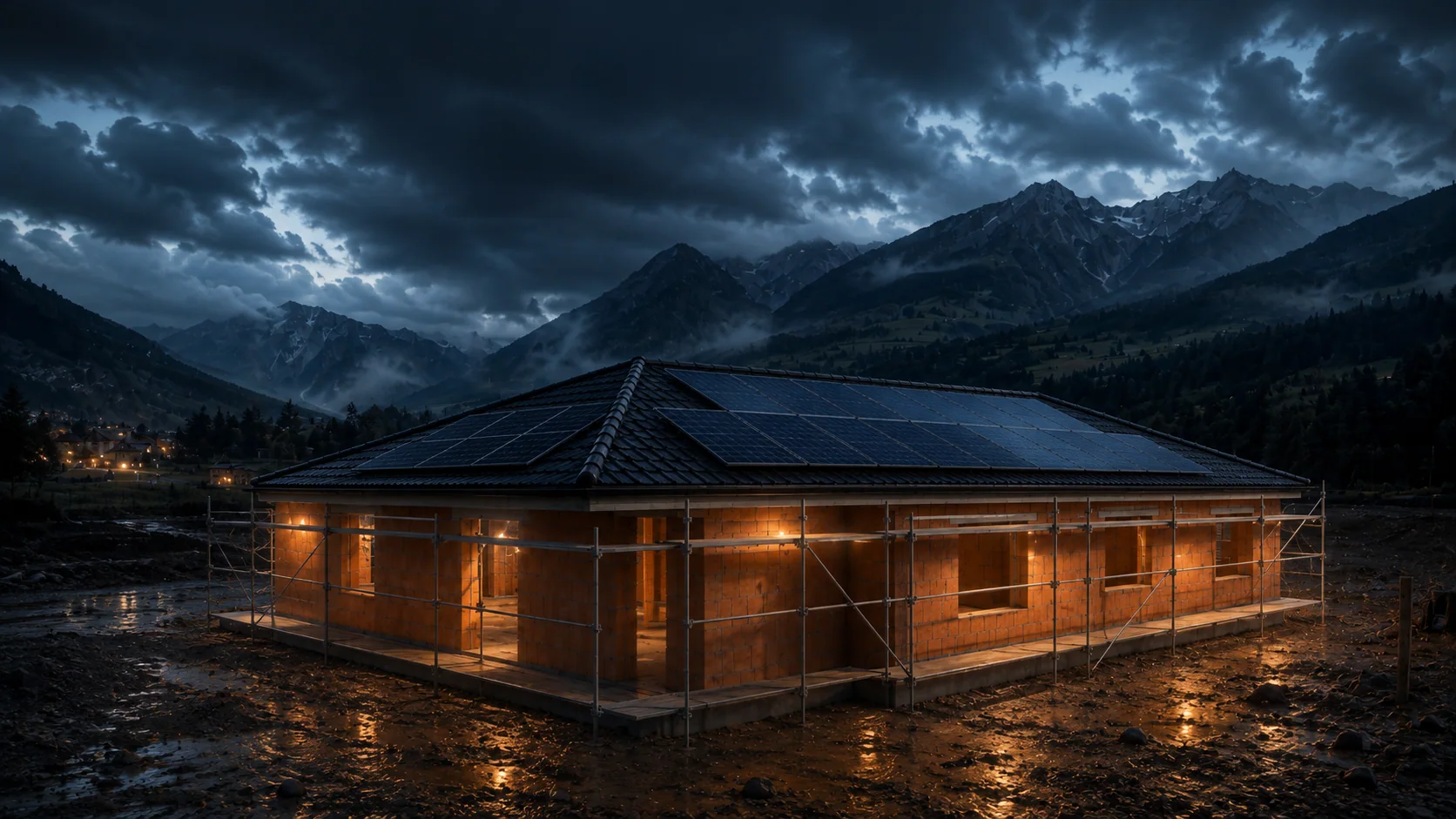 Dachkonstruktion mit Photovoltaik und Gerüst