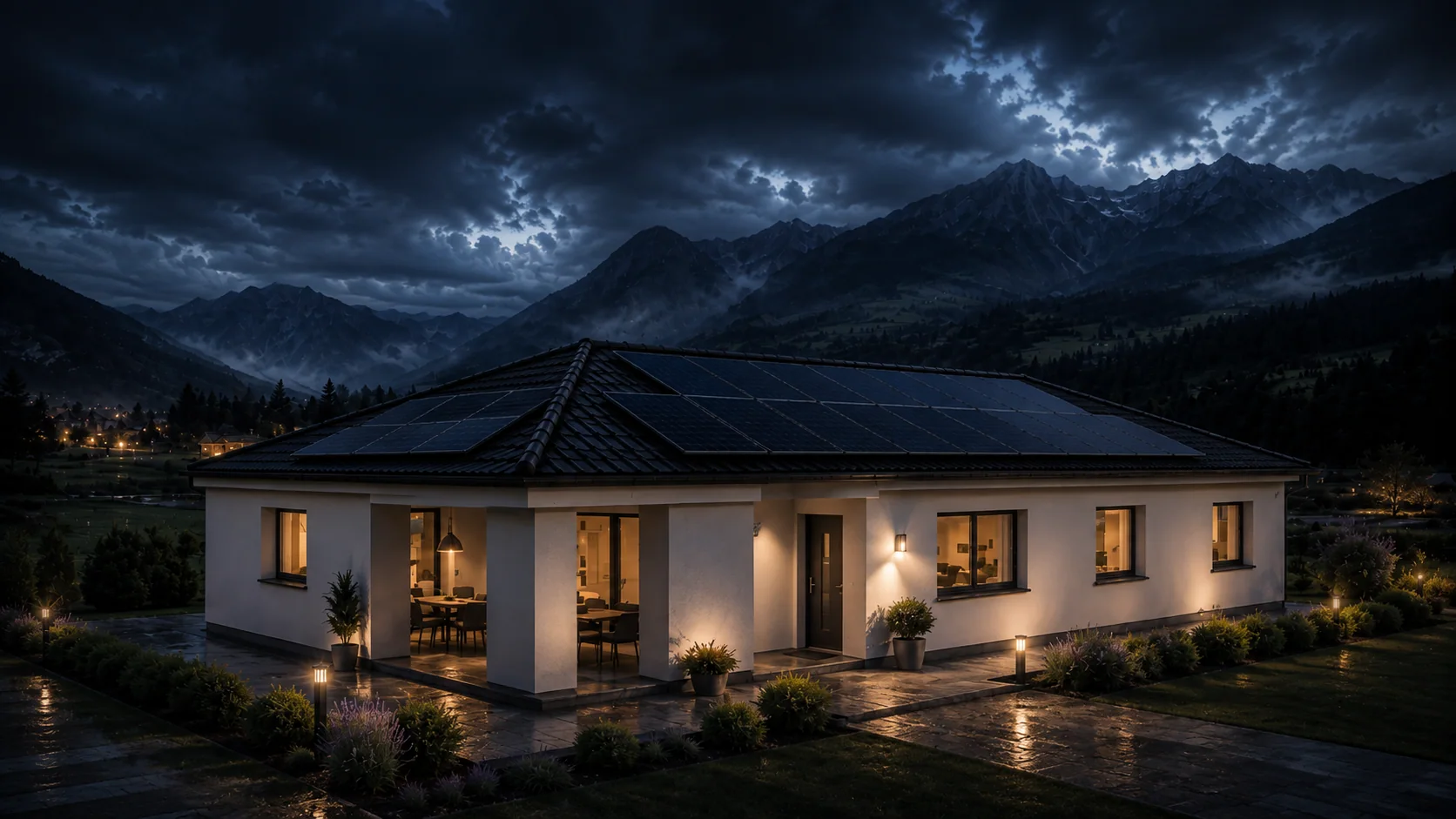 Fertiggestelltes Haus mit Landschaft und warmer Innenbeleuchtung